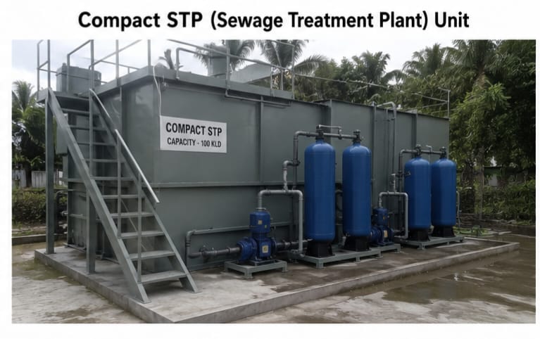 Compact pre-fabricated sewage treatment unit